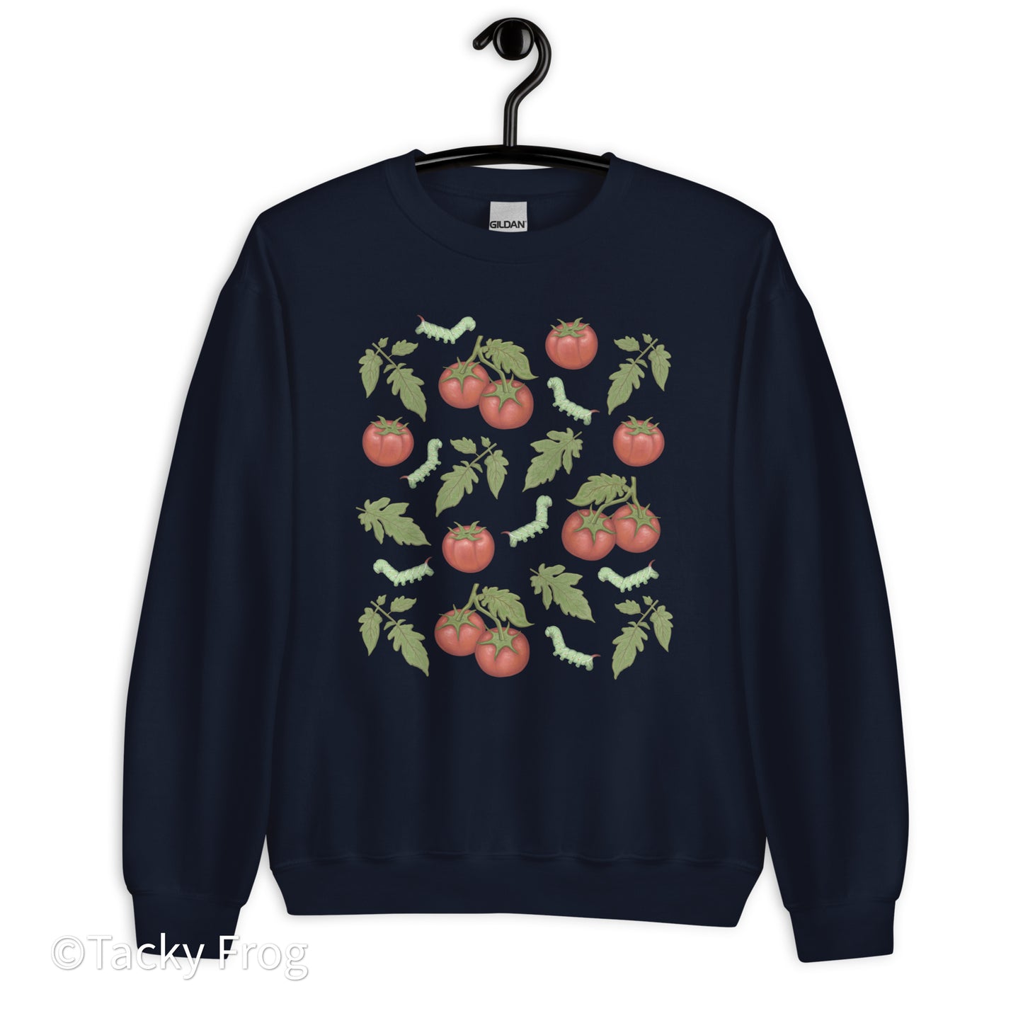 A mockup of the tomato hornworm sweatshirt in the color Navy.