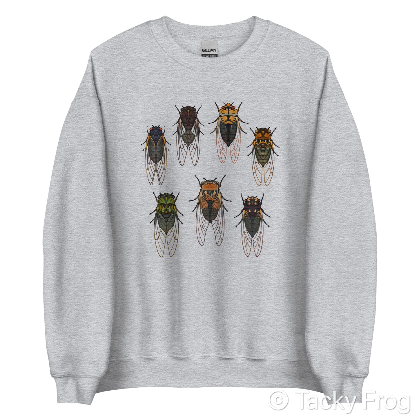 A mockup of a sports grey-colored sweatshirt with cicadas on it.