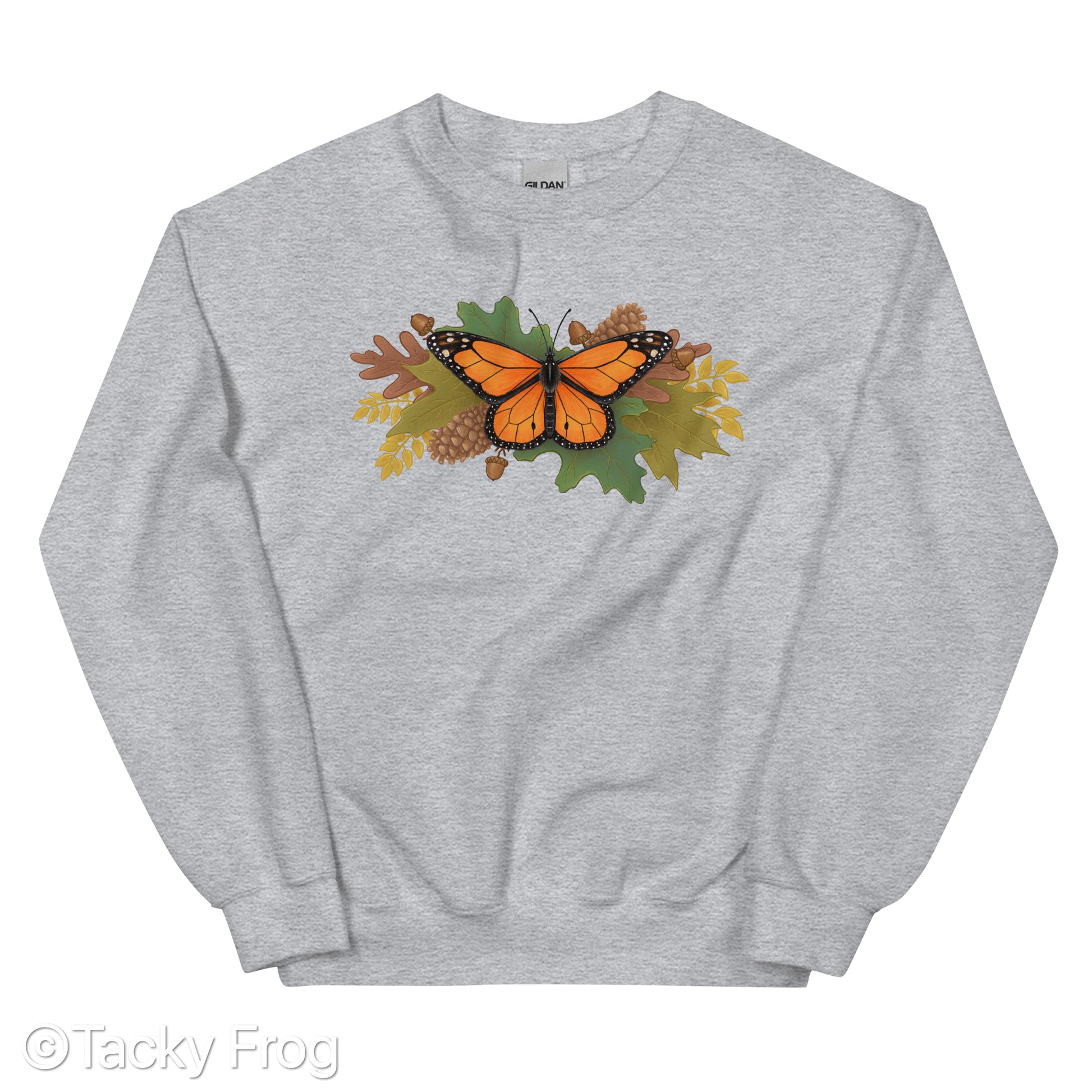 A mockup of a sport grey sweatshirt with a monarch butterfly and autumn leaves on it.