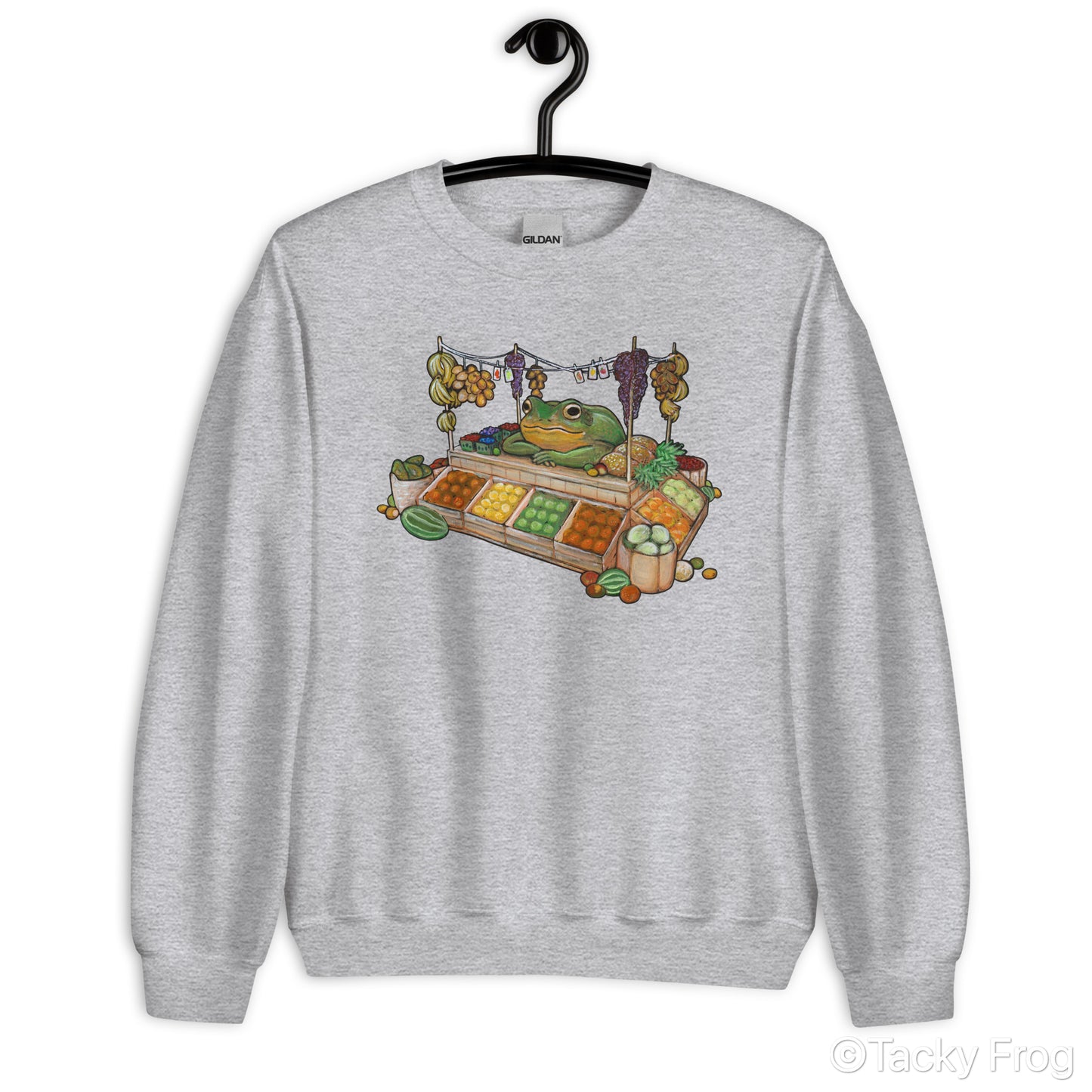 A mockup of the fruit vendor frog design on a sport grey sweatshirt.