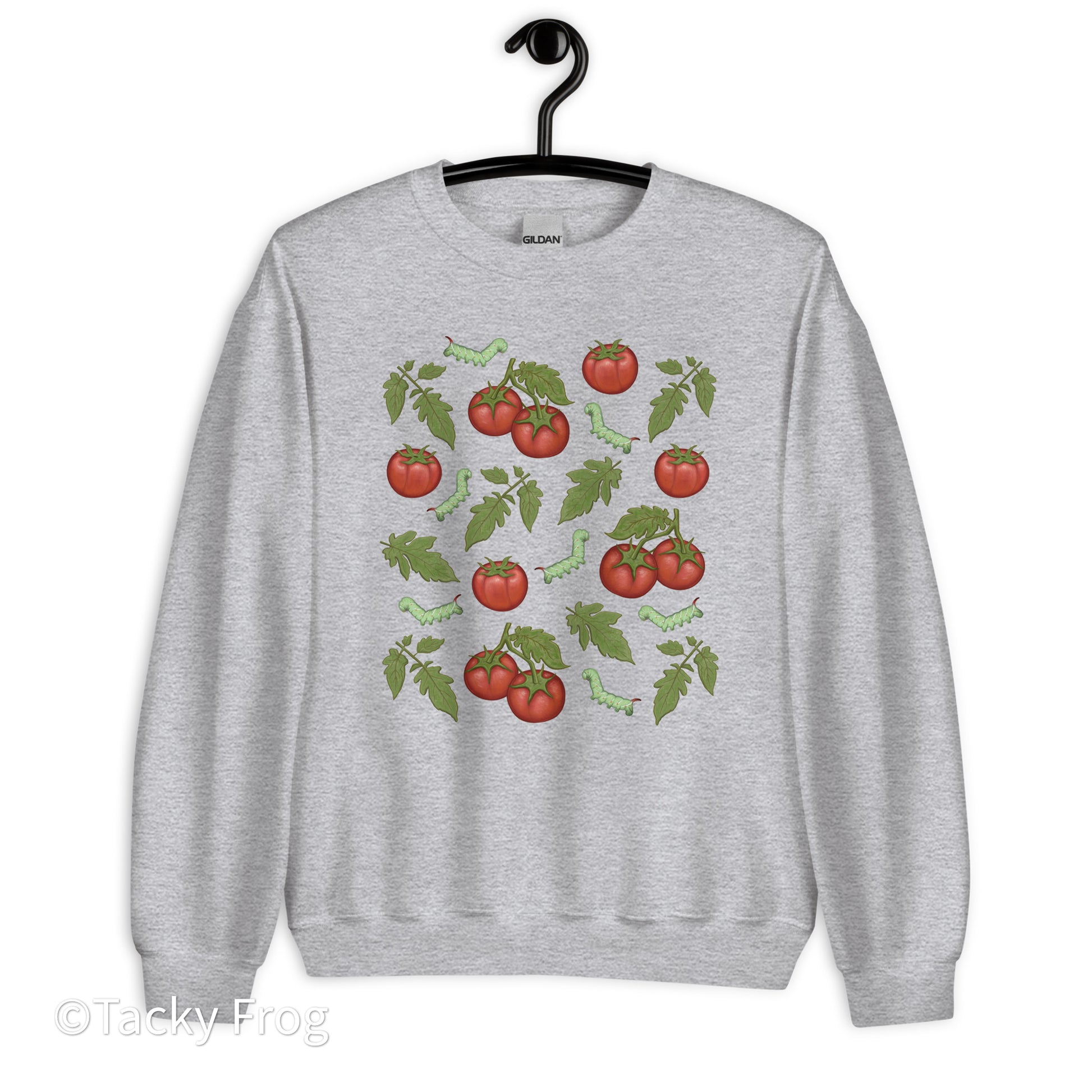 A mockup of the tomato hornworm sweatshirt in the color Sport Grey.