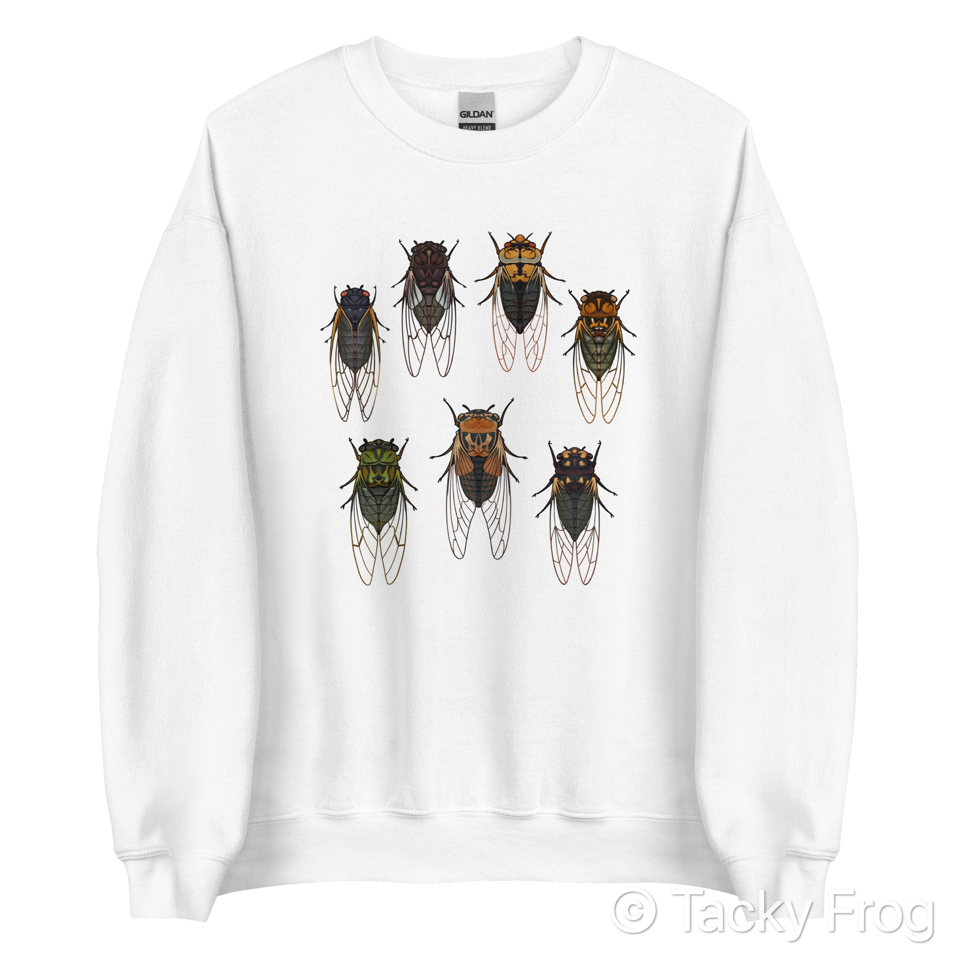 A mockup of a white-colored sweatshirt with cicadas on it.