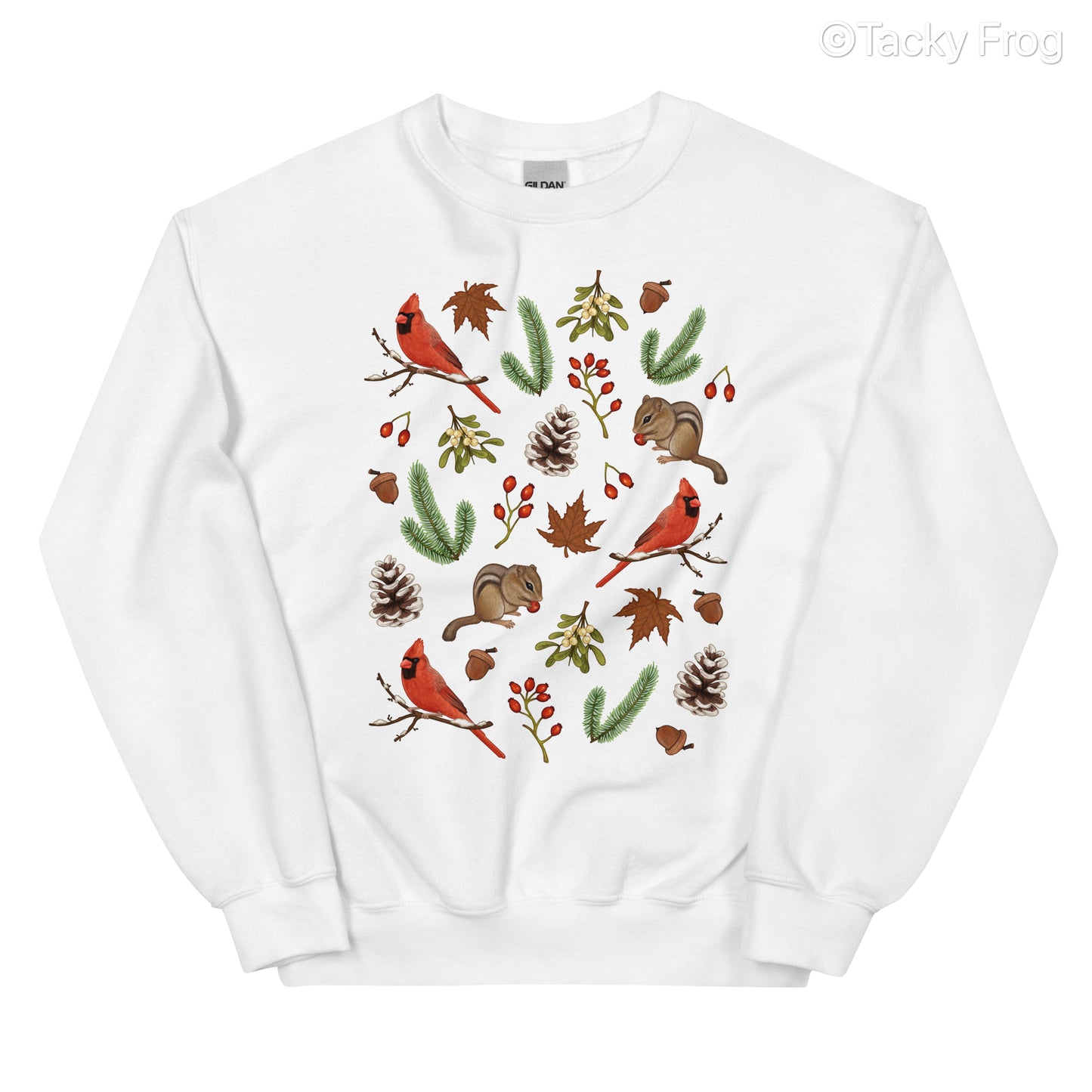 A mockup of the winter foraging sweatshirt in the color white.