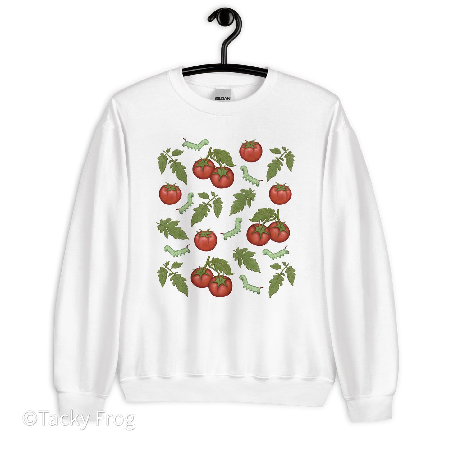 A mockup of the tomato hornworm sweatshirt in the color White.