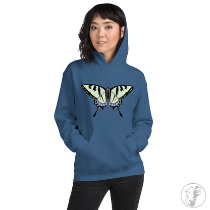 A mockup of an indigo blue hoodie with a swallowtail butterfly design.