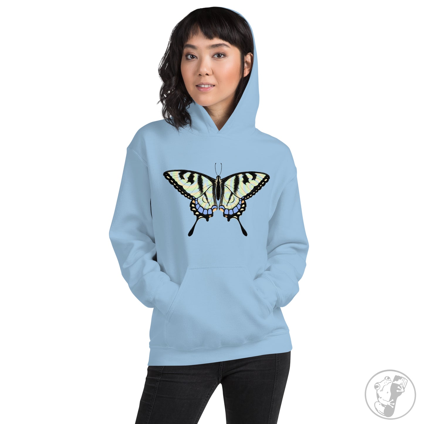 A mockup of a light blue hoodie with a swallowtail butterfly design.