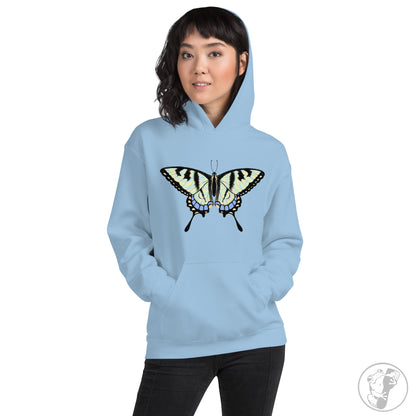 A mockup of a light blue hoodie with a swallowtail butterfly design.