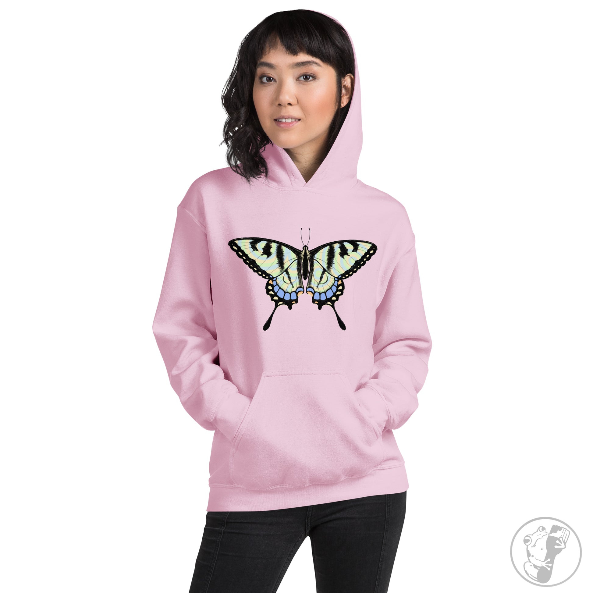 A mockup of a light pink hoodie with a swallowtail butterfly design. 