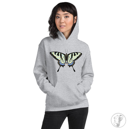 A mockup of a sport grey hoodie with a swallowtail butterfly design.