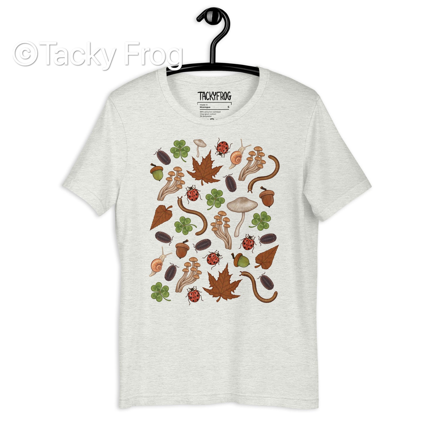 A mockup of the Backyard Finds t-shirt in color Athletic Heather.A mockup of the Backyard Finds t-shirt in color Ash.