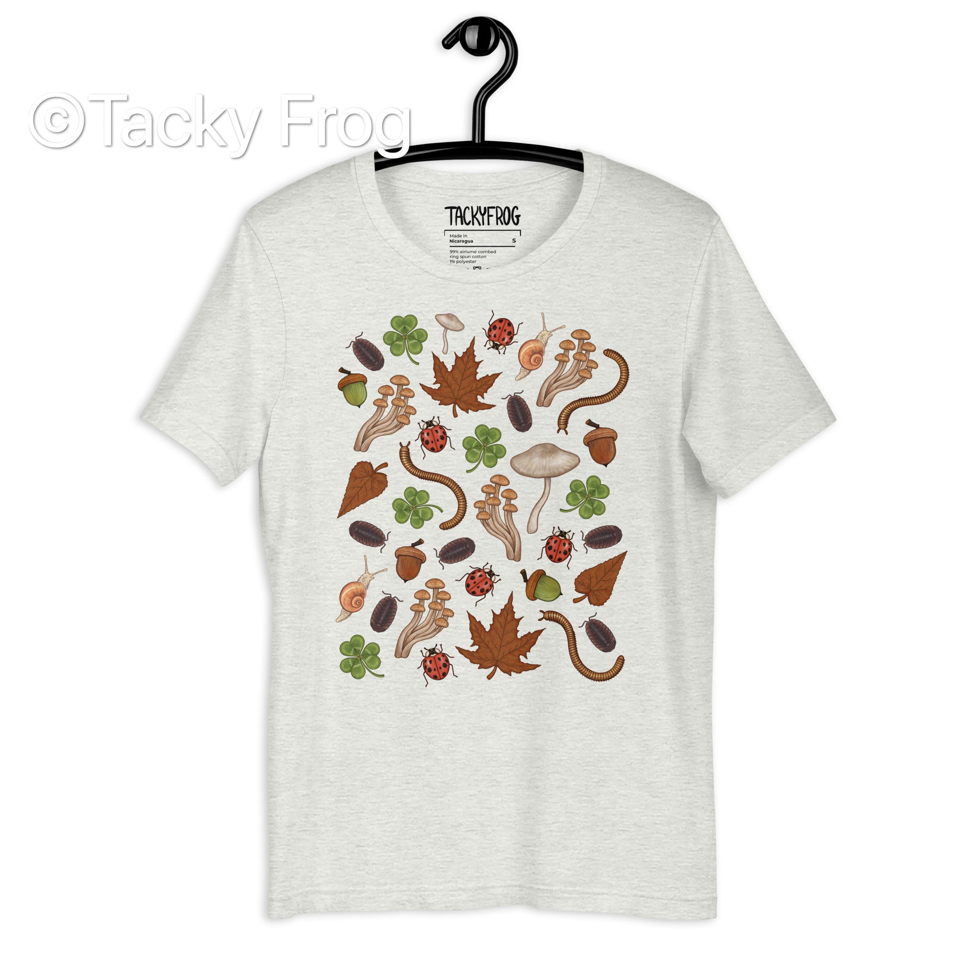 A mockup of the Backyard Finds t-shirt in color Athletic Heather.A mockup of the Backyard Finds t-shirt in color Ash.