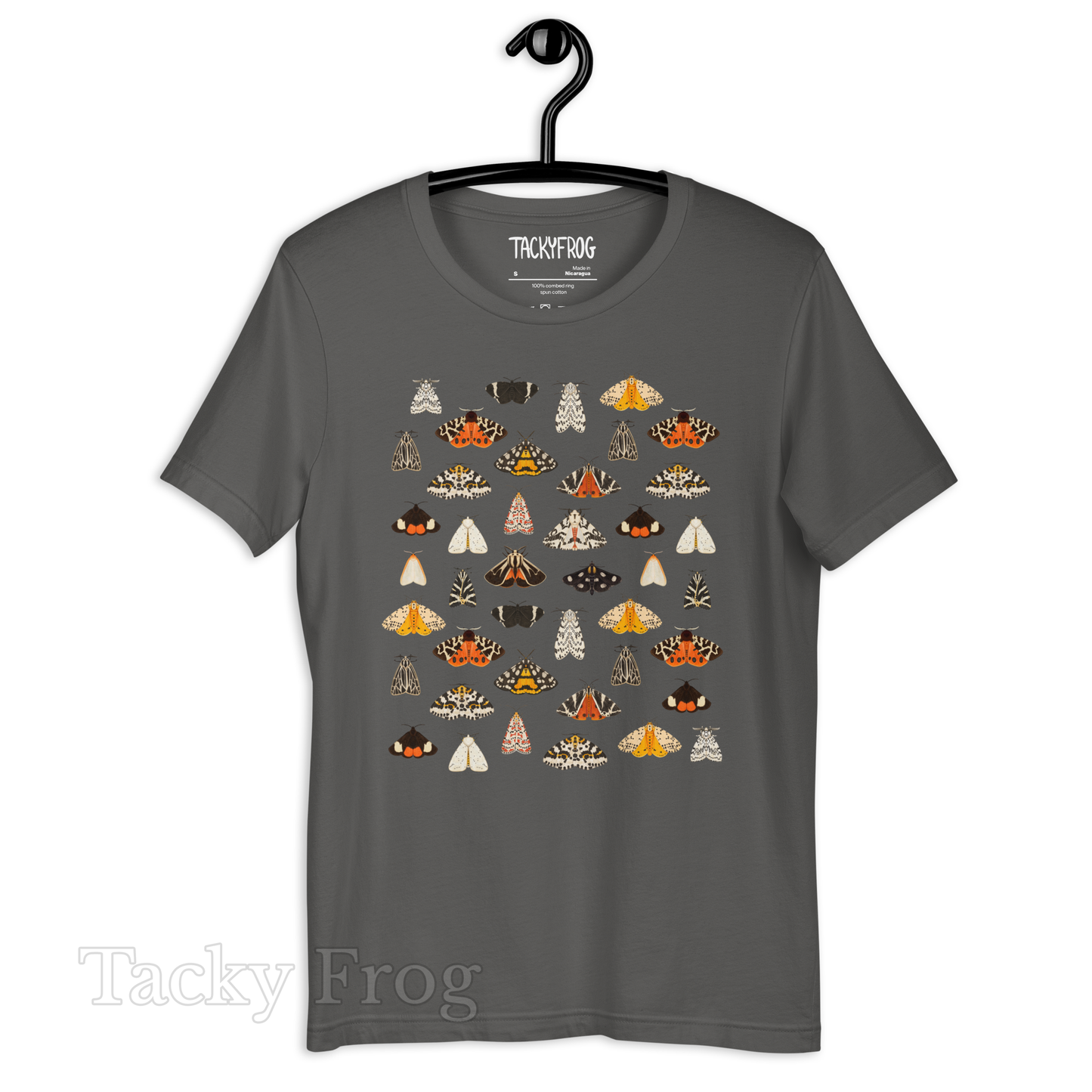 A mockup of the fashionable moths t-shirt in the asphalt color.