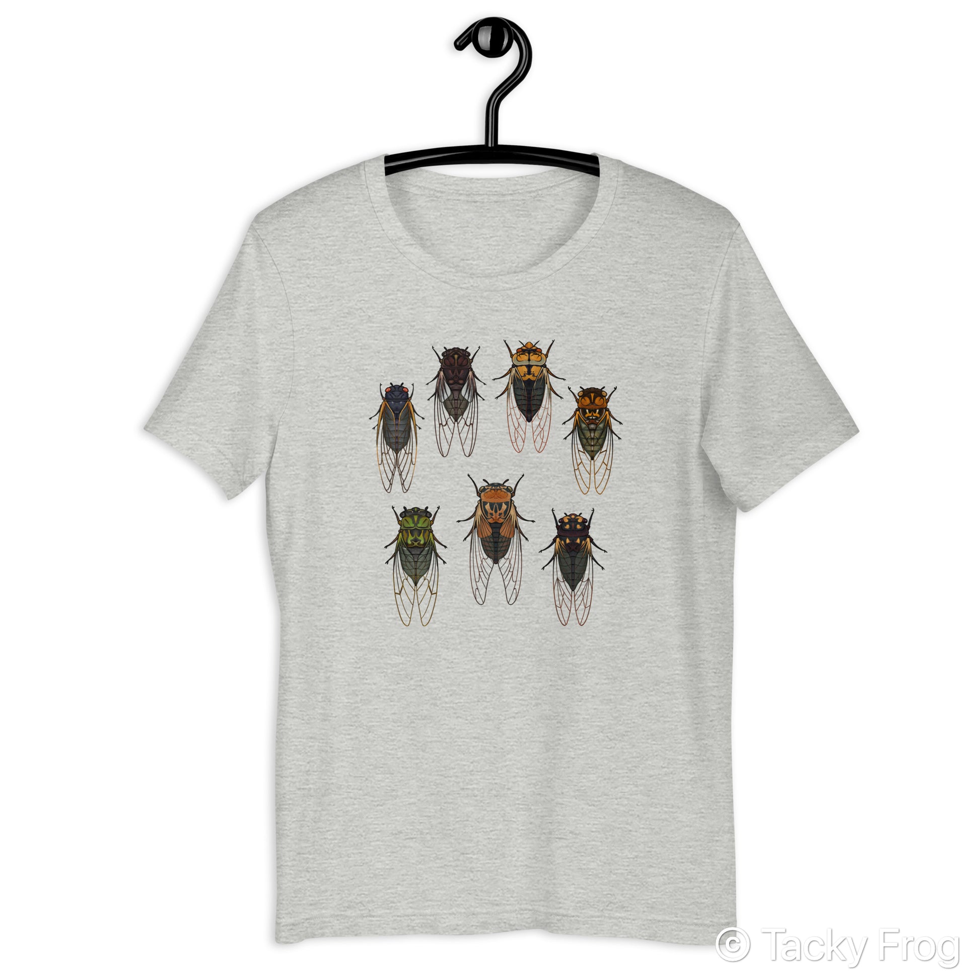 An athletic heather t-shirt with cicadas on it.