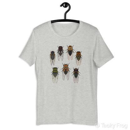 An athletic heather t-shirt with cicadas on it.