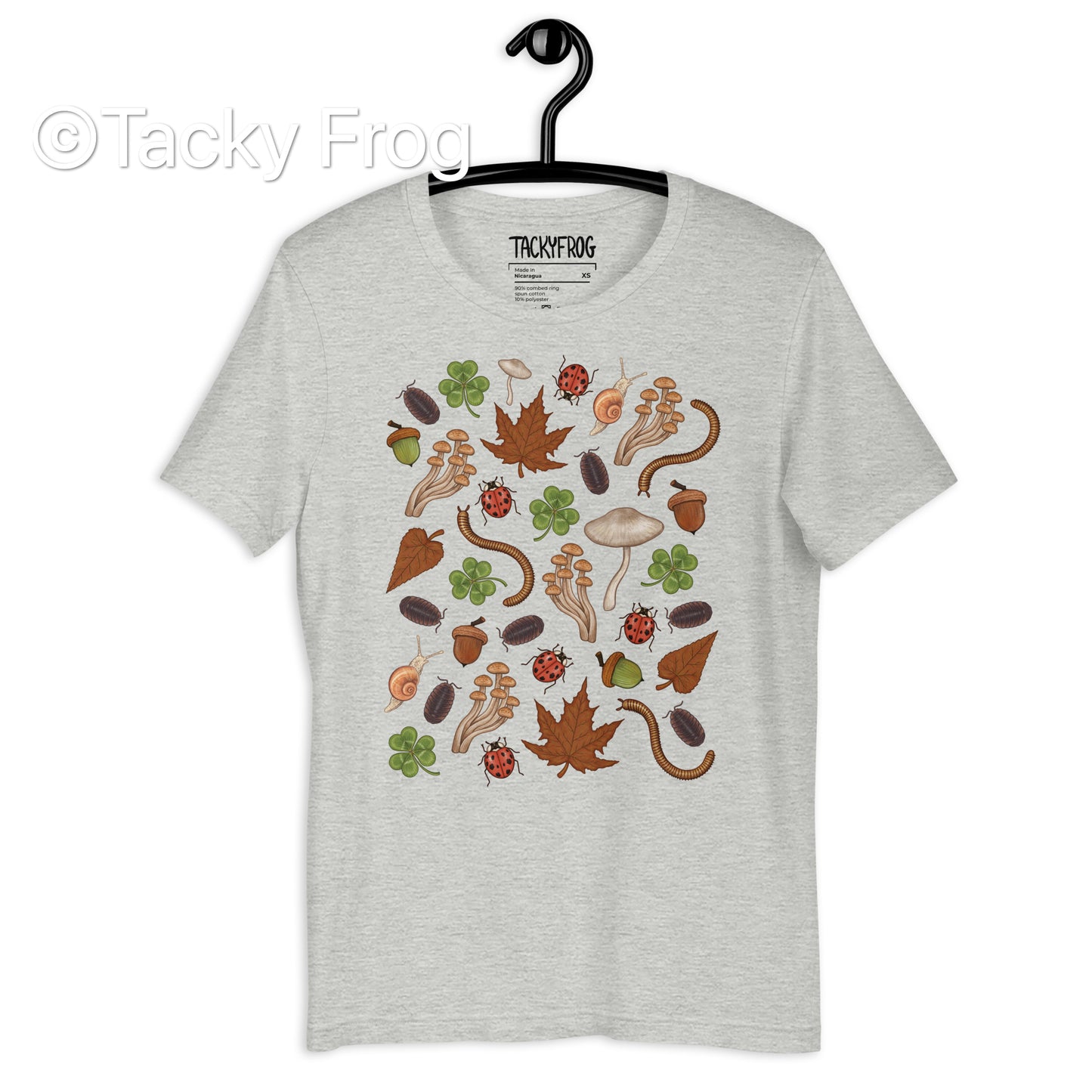 A mockup of the Backyard Finds t-shirt in color Athletic Heather.