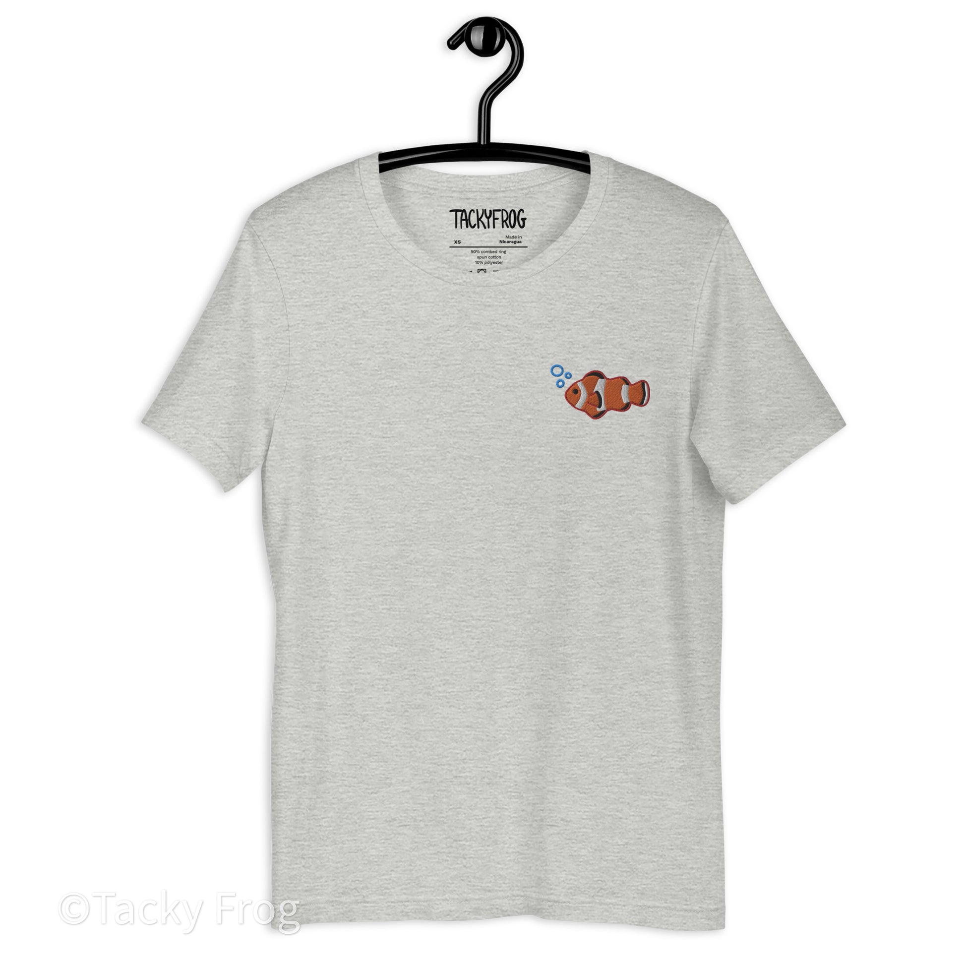 A mockup of the clownfish shirt in the color "Athletic Heather".