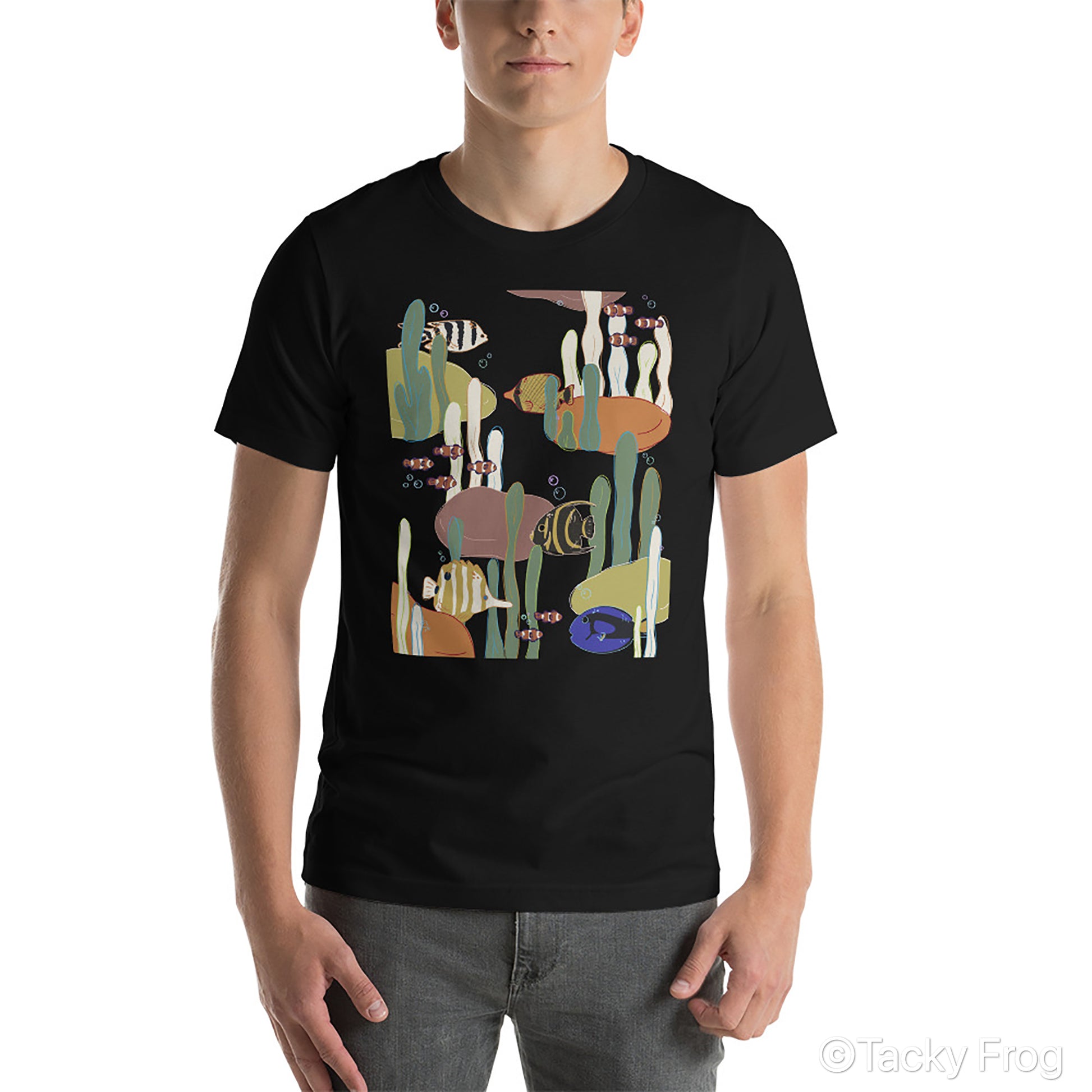 A mockup of a Black-colored coral reef t-shirt.