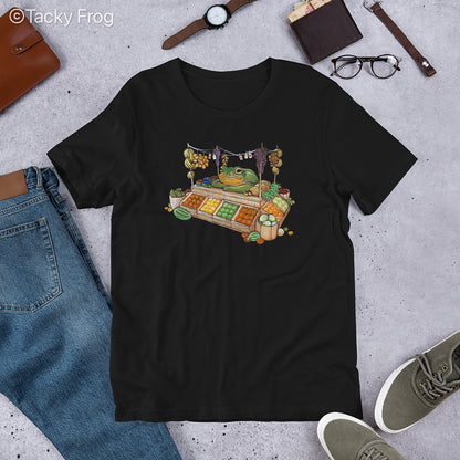 A mockup of the fruit vendor frog shirt in the color Black.