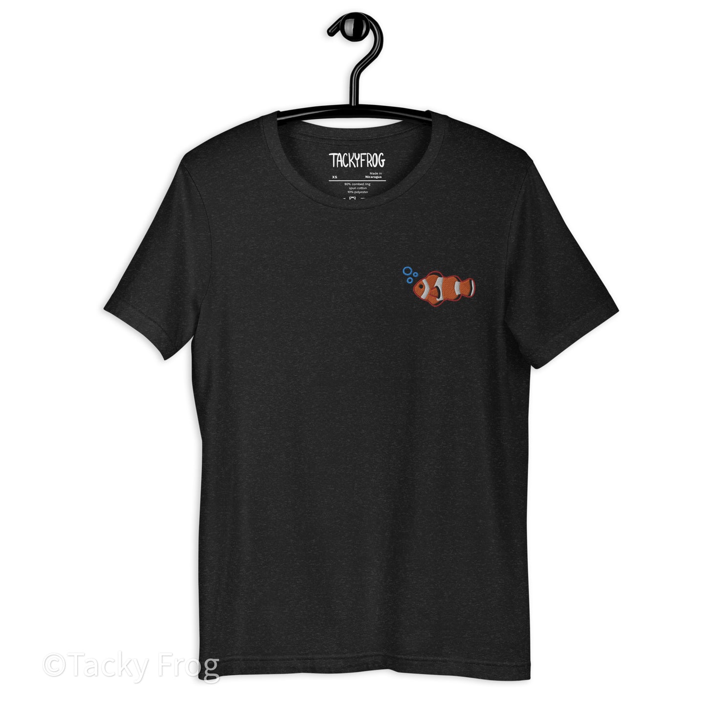 A mockup of the clownfish shirt in the color "Black Heather".