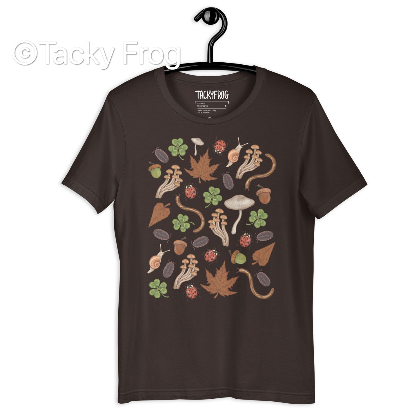 A mockup of the Backyard Finds t-shirt in color Brown.