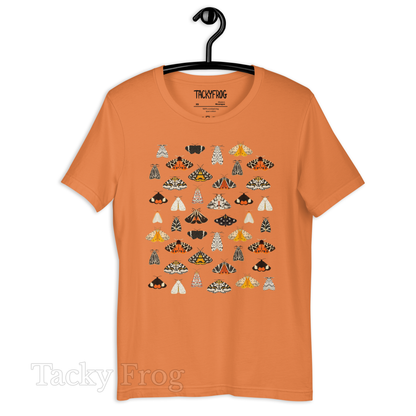 A mockup of the fashionable moths t-shirt in the burnt orange color.