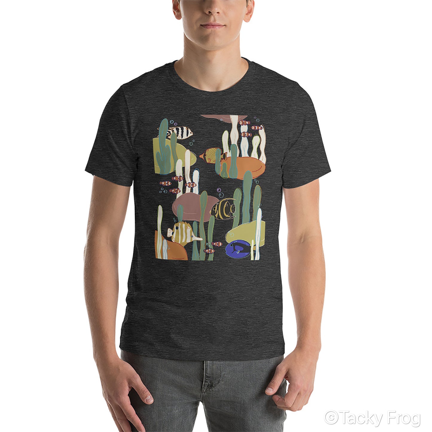 A mockup of a Dark Grey Heather-colored coral reef t-shirt.