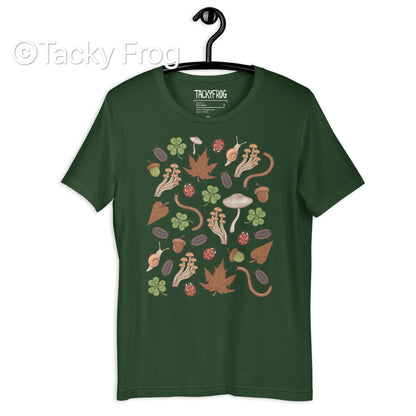 A mockup of the Backyard Finds t-shirt in color Forest.