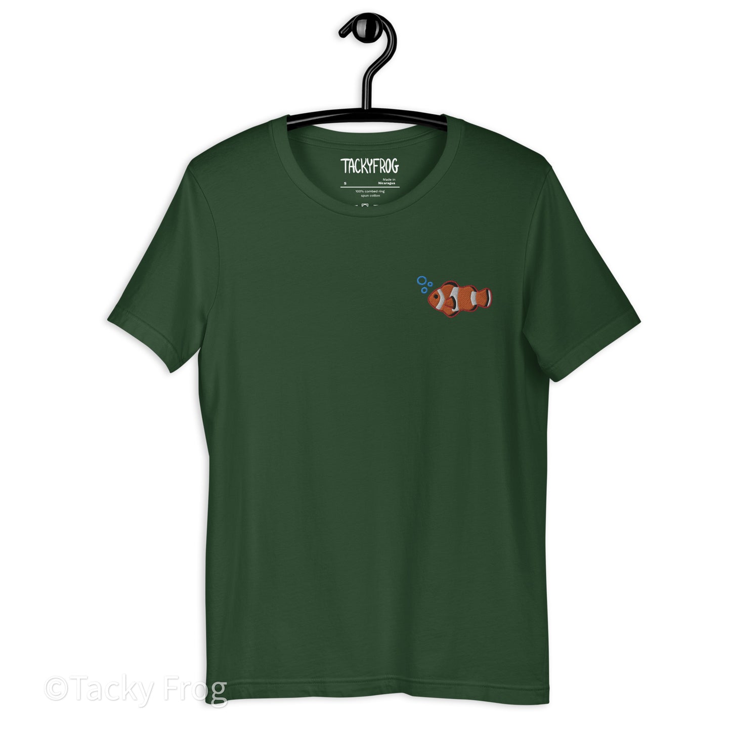 A mockup of the clownfish shirt in the color "Forest".