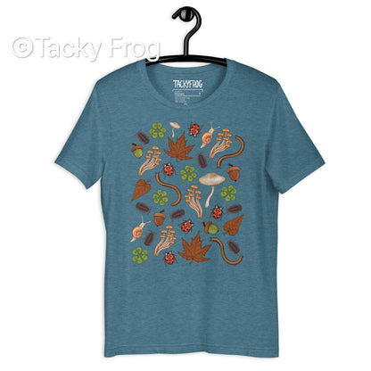 A mockup of the Backyard Finds t-shirt in color Heather Deep Teal.