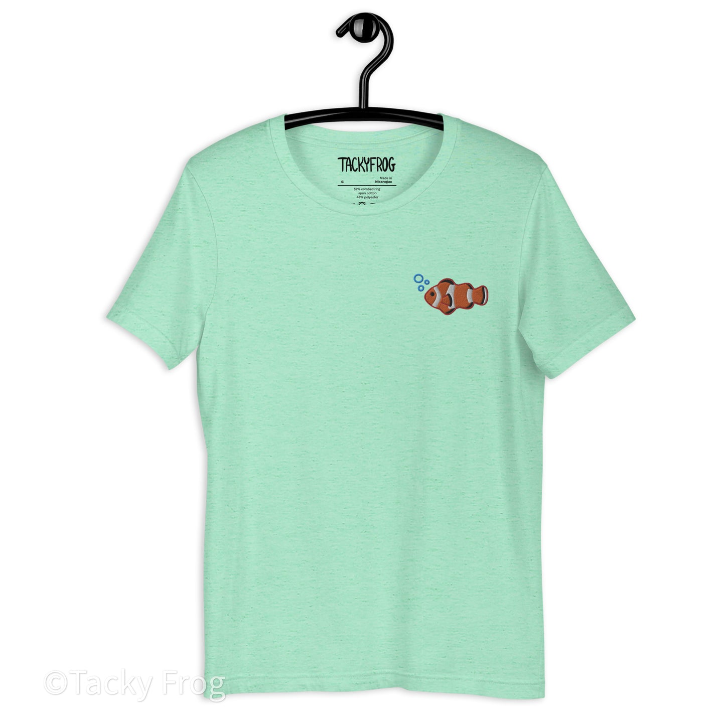 A mockup of the clownfish shirt in the color "Heather Mint".