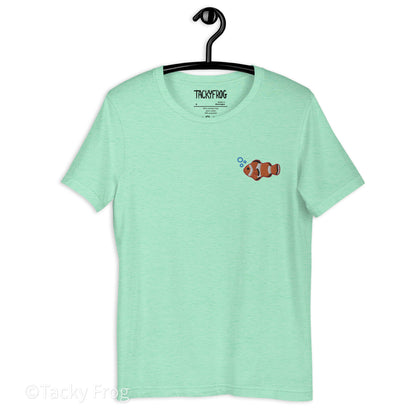 A mockup of the clownfish shirt in the color "Heather Mint".