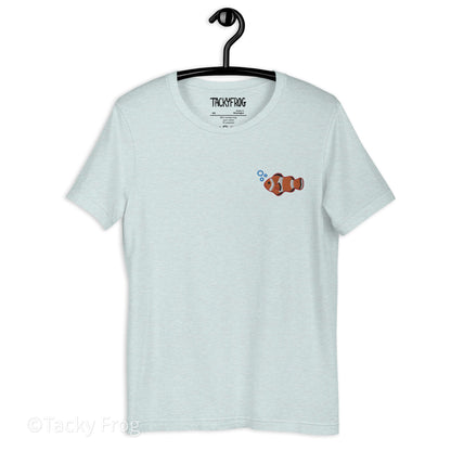 A mockup of the clownfish shirt in the color "Heather Prism Ice Blue".