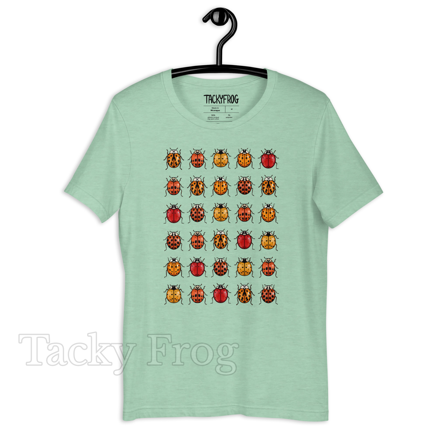 A mockup of the heather prism mint-colored ladybug t-shirt.