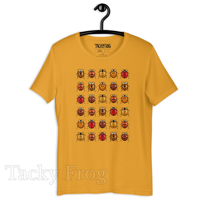 A mockup of the mustard-colored ladybug t-shirt.