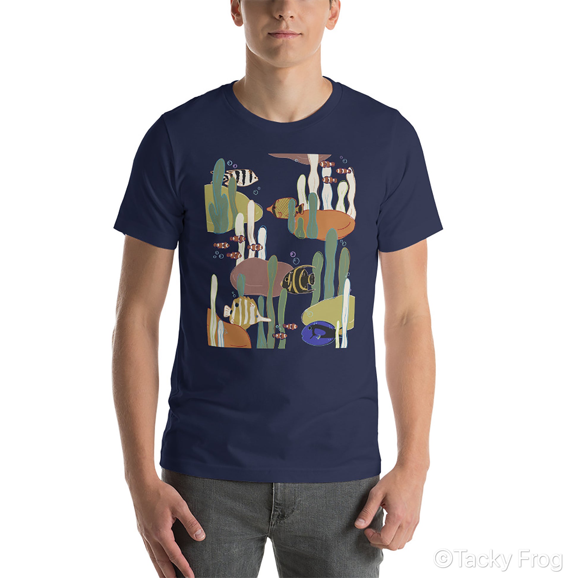 A mockup of a Navy-colored coral reef t-shirt.