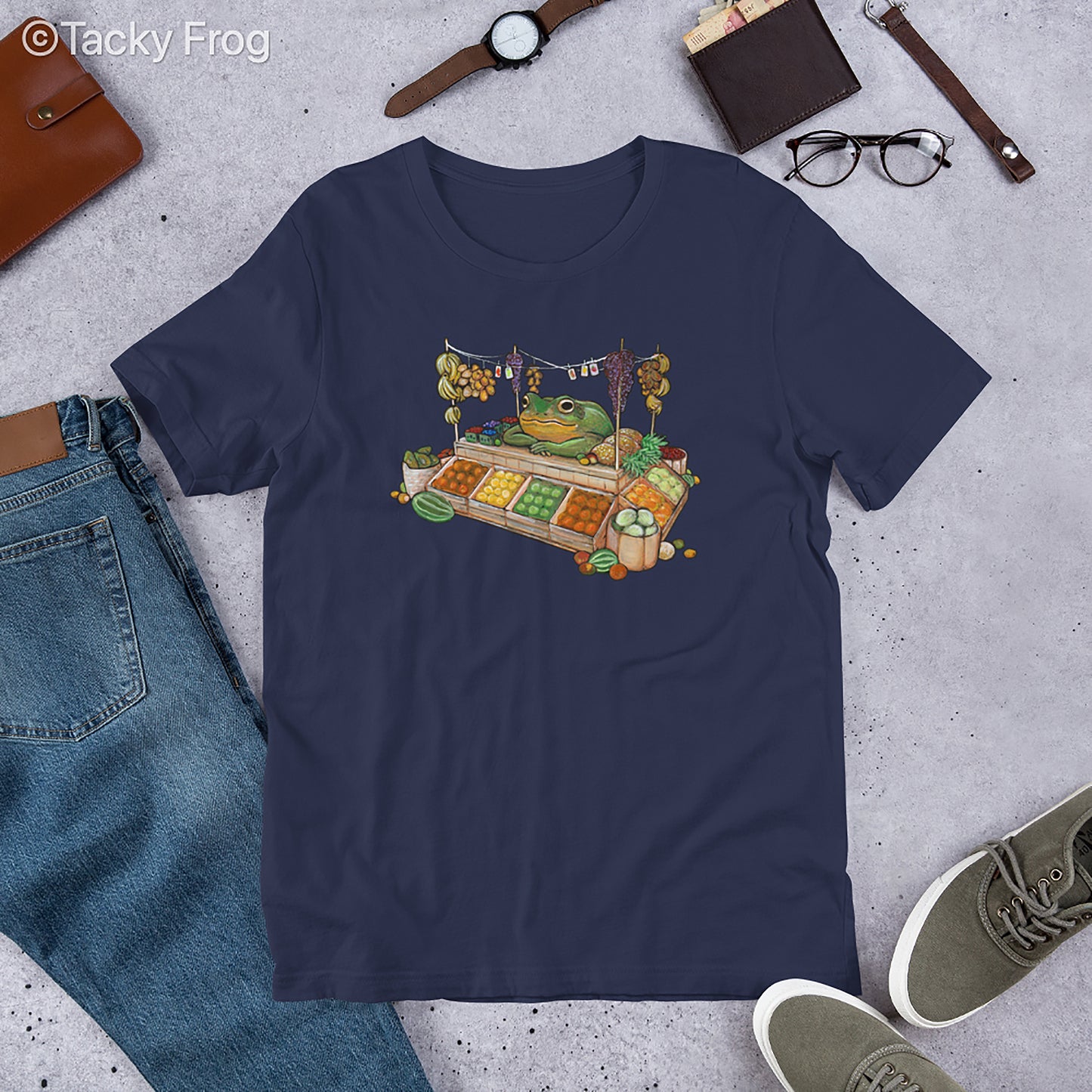 A mockup of the fruit vendor frog shirt in the color Navy.