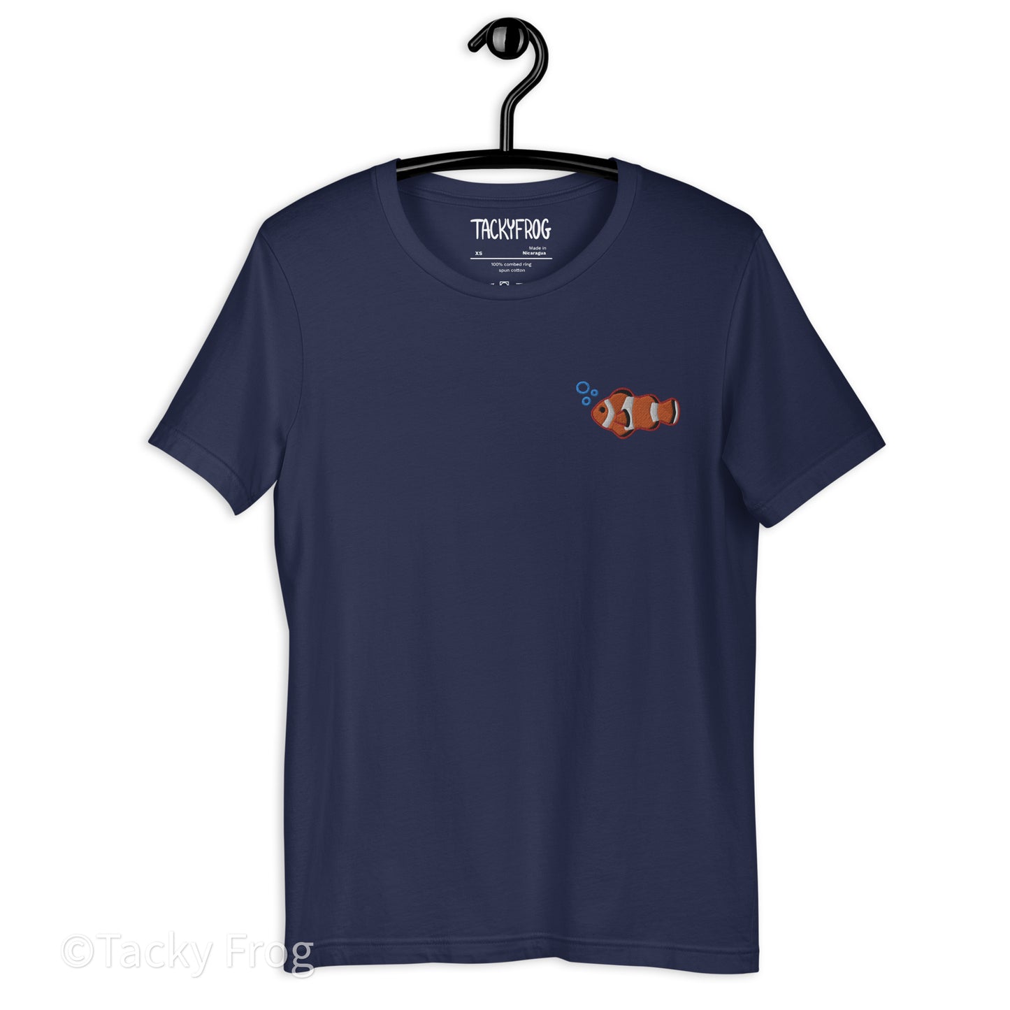 A mockup of the clownfish shirt in the color "navy".