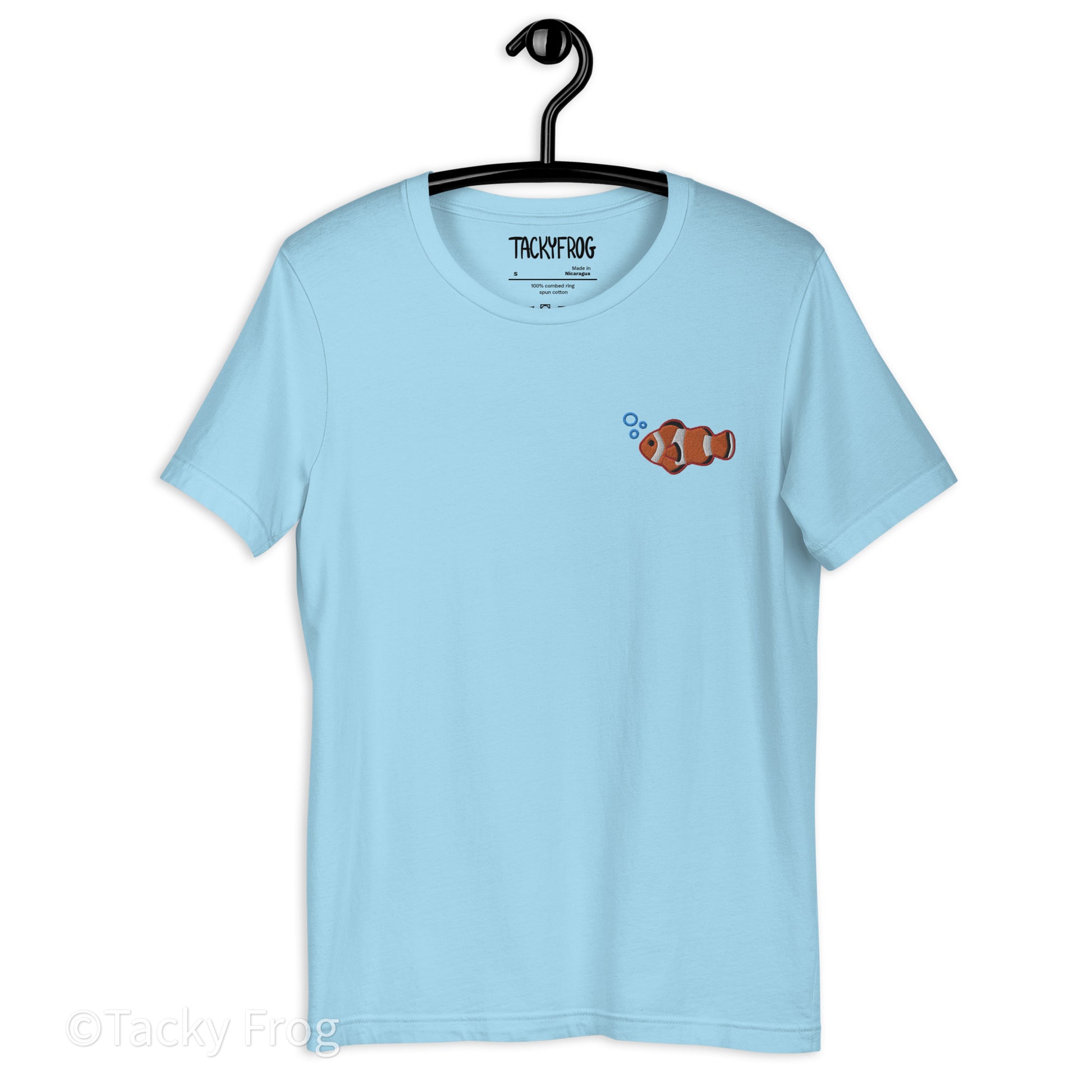 A mockup of the clownfish shirt in the color "Ocean Blue".