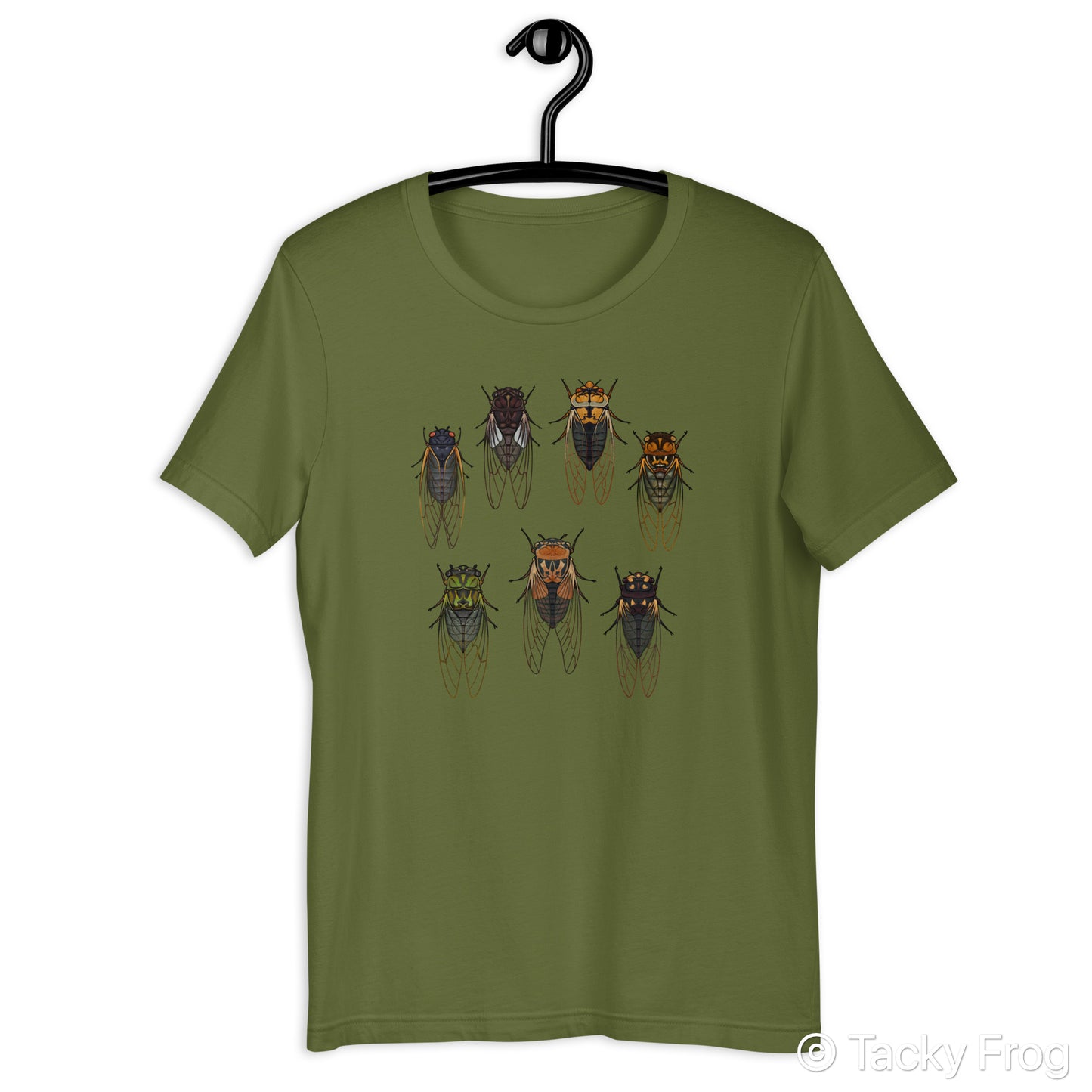 An olive green t-shirt with cicadas on it.