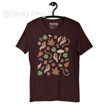 A mockup of the Backyard Finds t-shirt in color Oxblood Black.