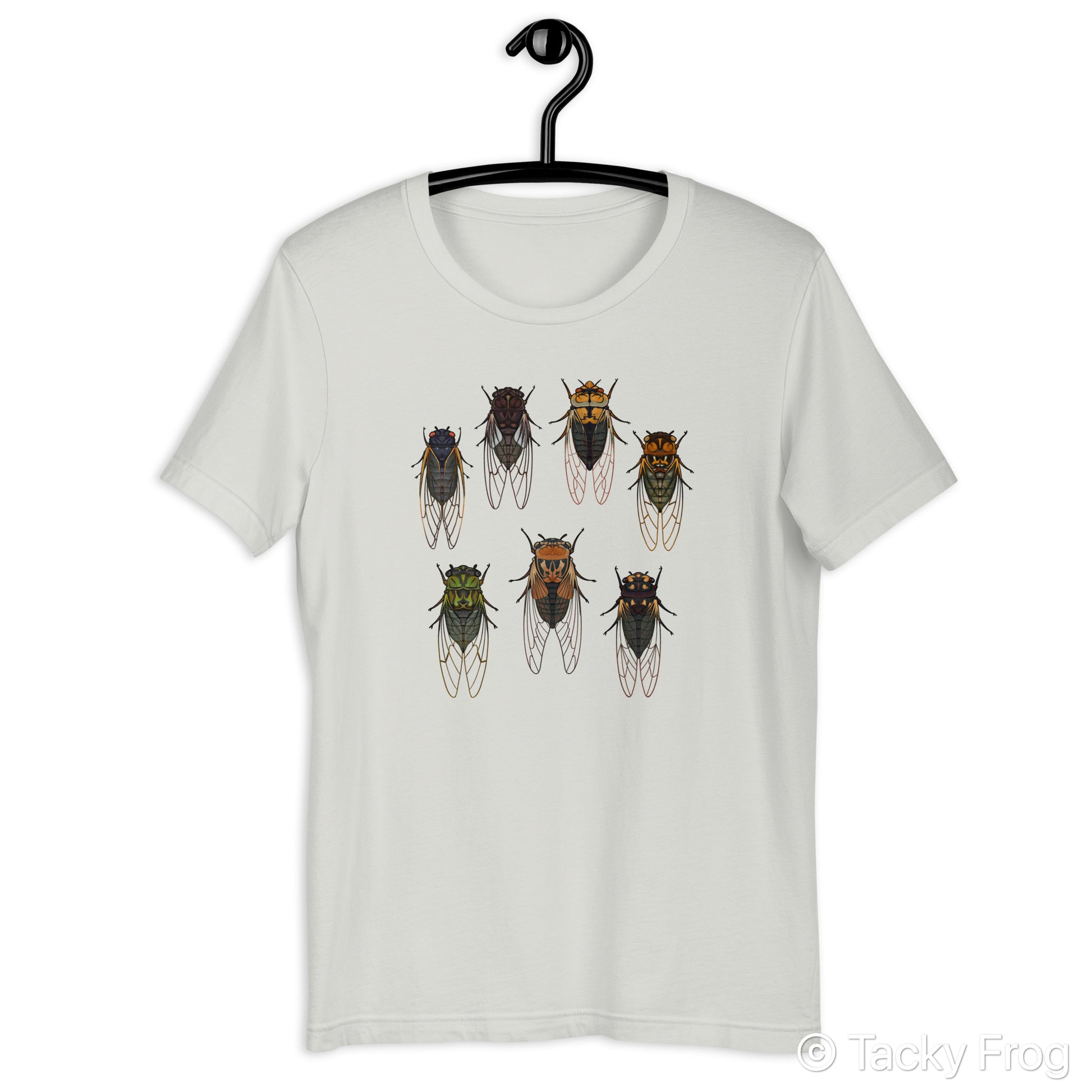 A silver t-shirt with cicadas on it.