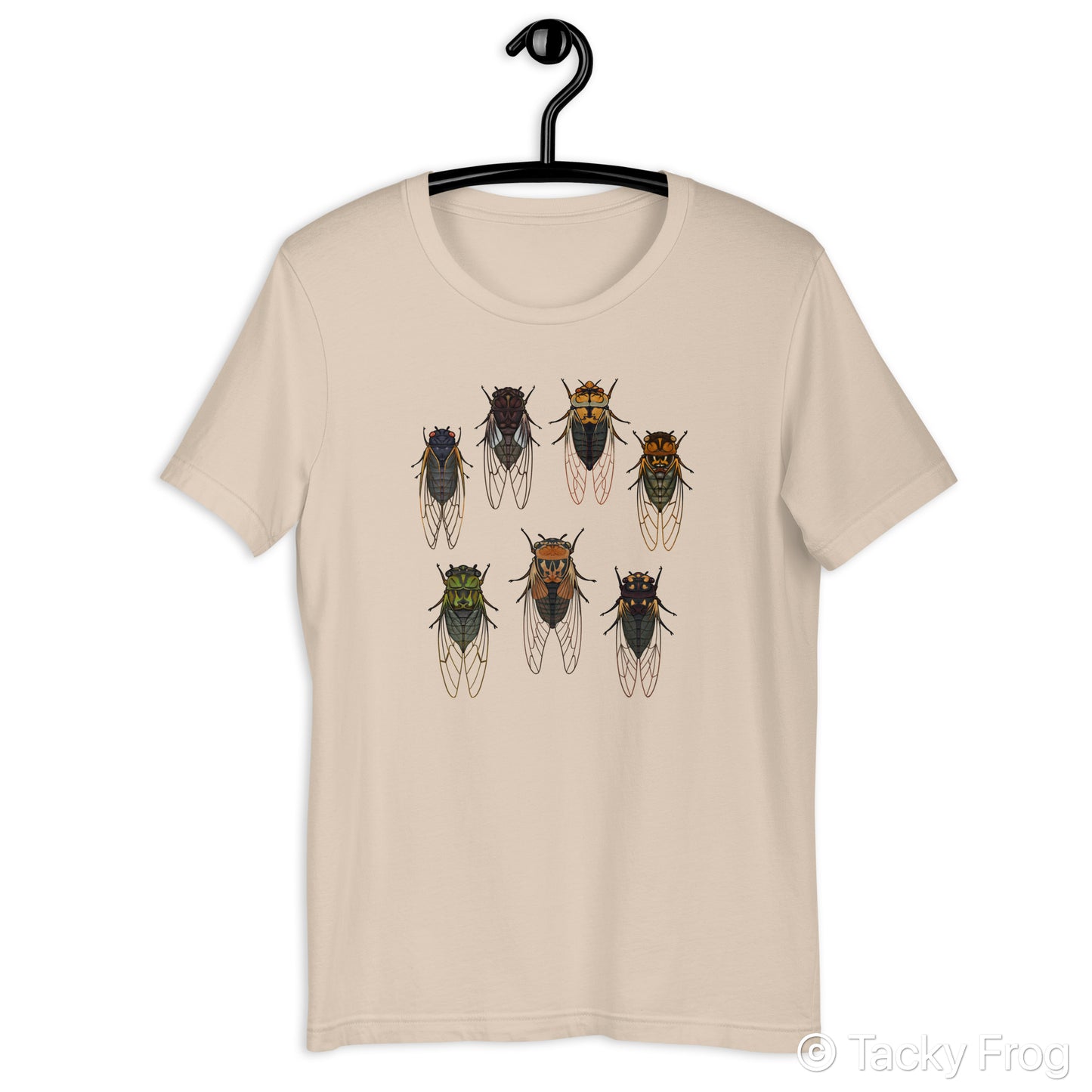 A soft cream t-shirt with cicadas on it.