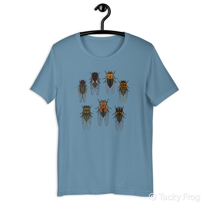 A steel blue t-shirt with cicadas on it.