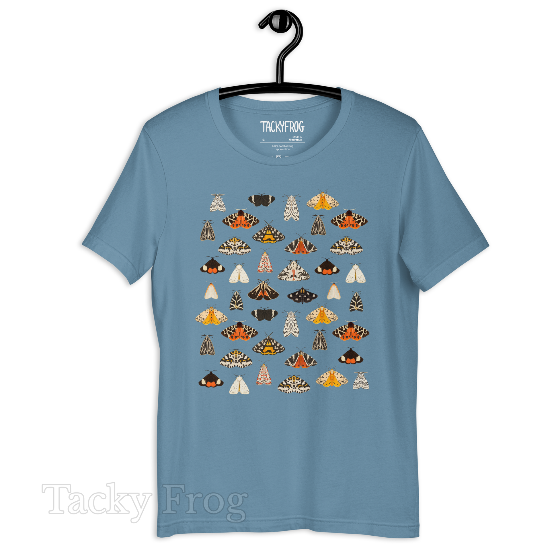 A mockup of the fashionable moths t-shirt in the steel blue color.