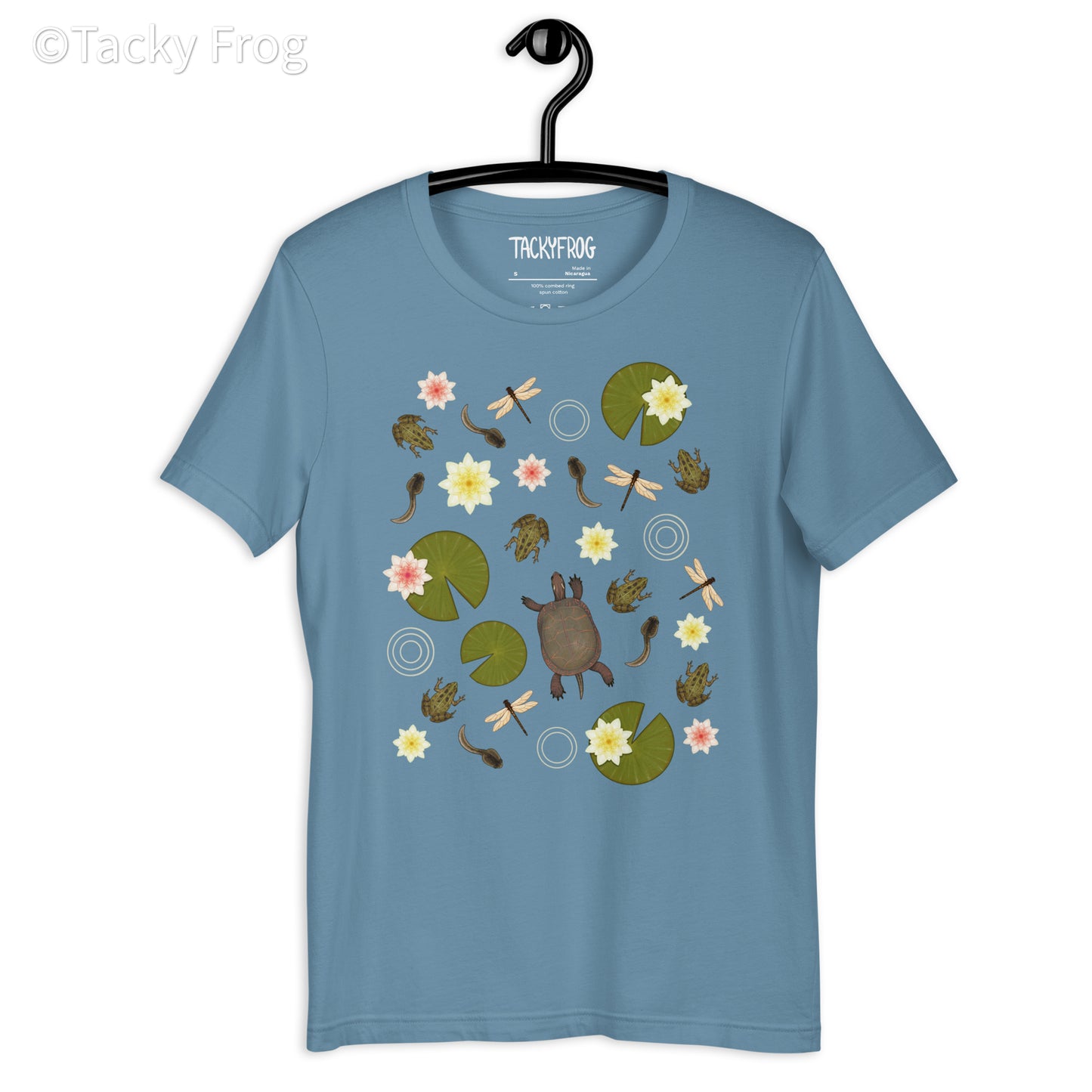 A mockup of the pond life t-shirt in the Steel Blue variant.