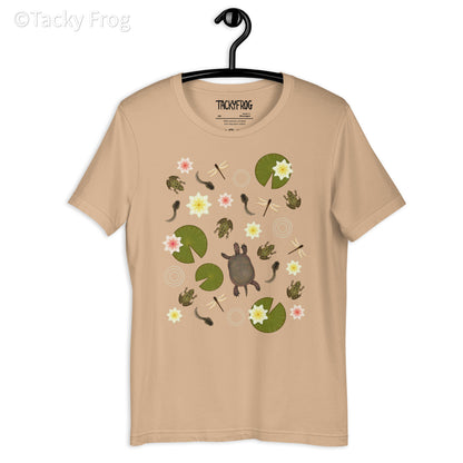 A mockup of the pond life t-shirt in the Tan variant.