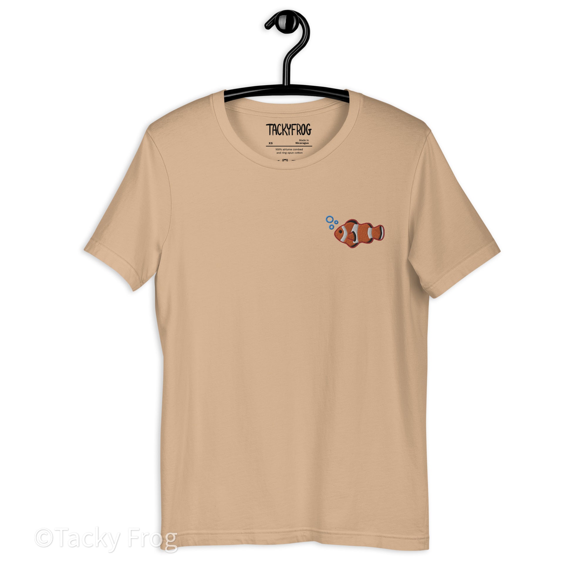 A mockup of the clownfish shirt in the color "Tan".